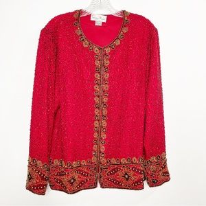 Vintage 1920s Style Laurence Kazar Red Black Beaded Jacket Size XL